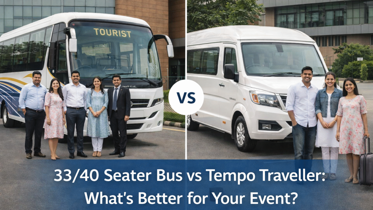 33/40 seater bus vs Tempo Traveller comparison for event transportation, showing seating capacity and comfort differences in Bangalore.