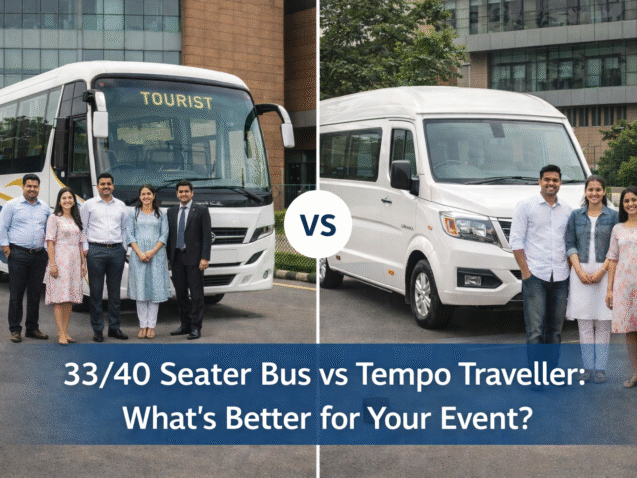 33/40 seater bus vs Tempo Traveller comparison for event transportation, showing seating capacity and comfort differences in Bangalore.