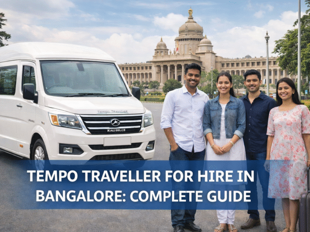 Tempo Traveller for hire in Bangalore with group travelers, highlighting comfort, seating capacity, and city travel use.